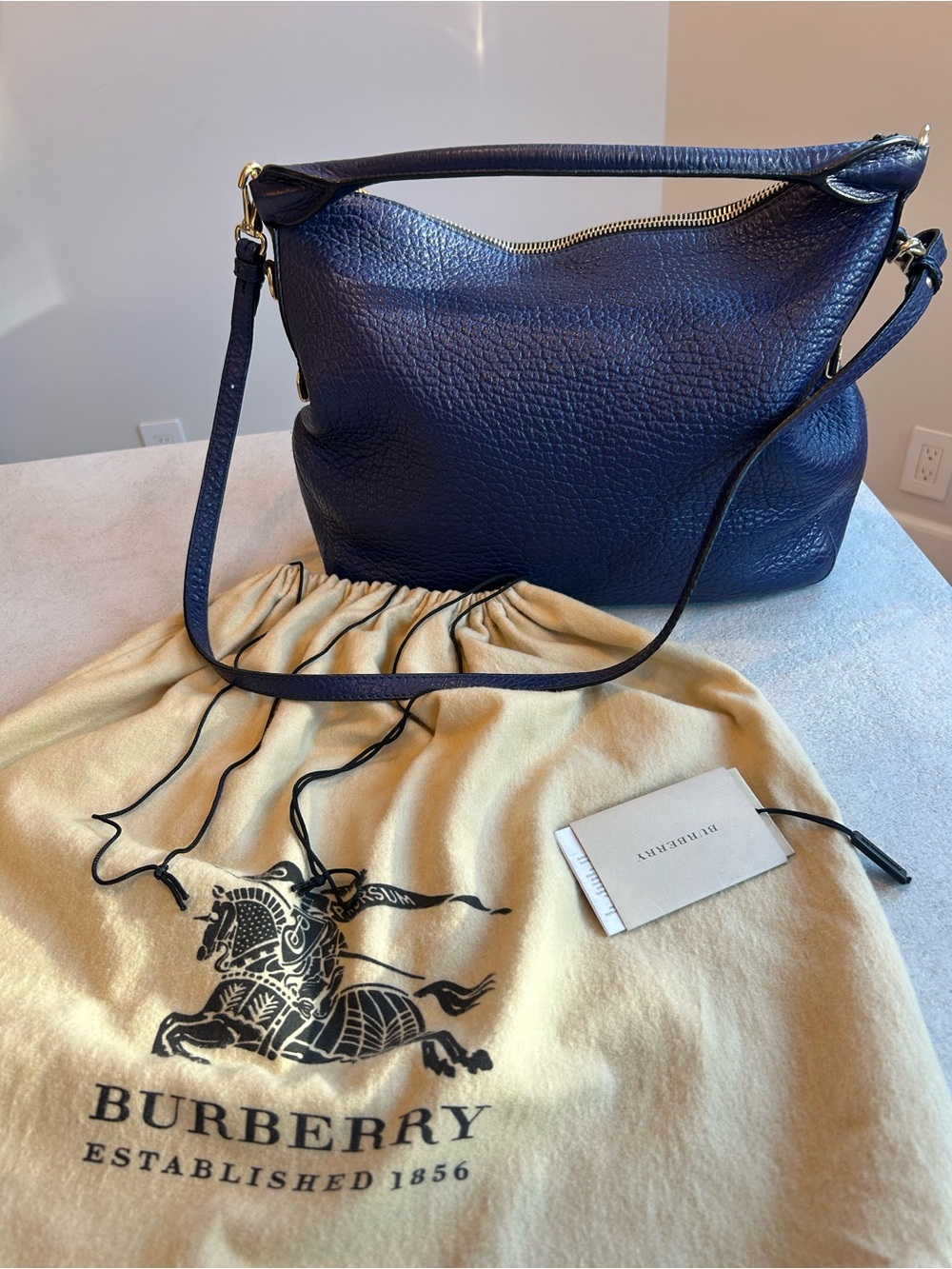 Burberry Cobalt Blue Pebbled Leather Shoulder Bag with Gold Hardware